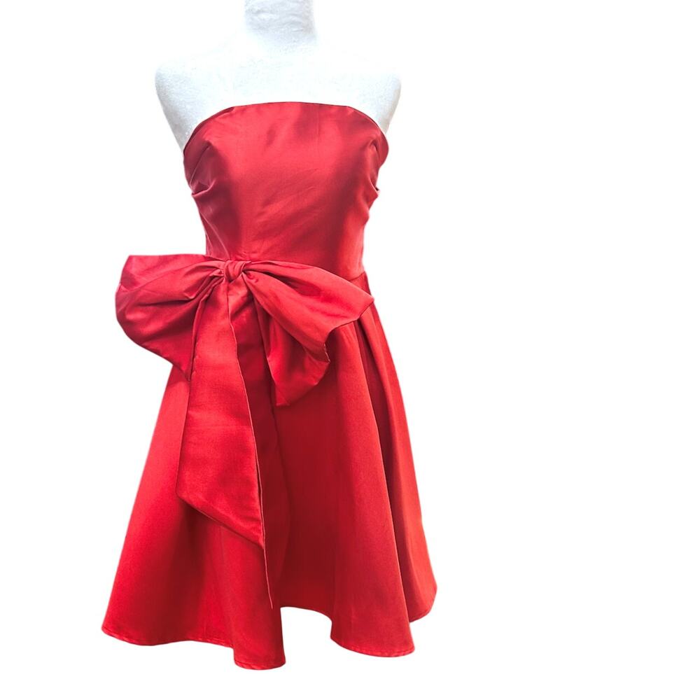 Y2K Strapless Red Satin Mini Dress Small Coquette Oversized Bow Lace Up Corset - Picture 3 of 8